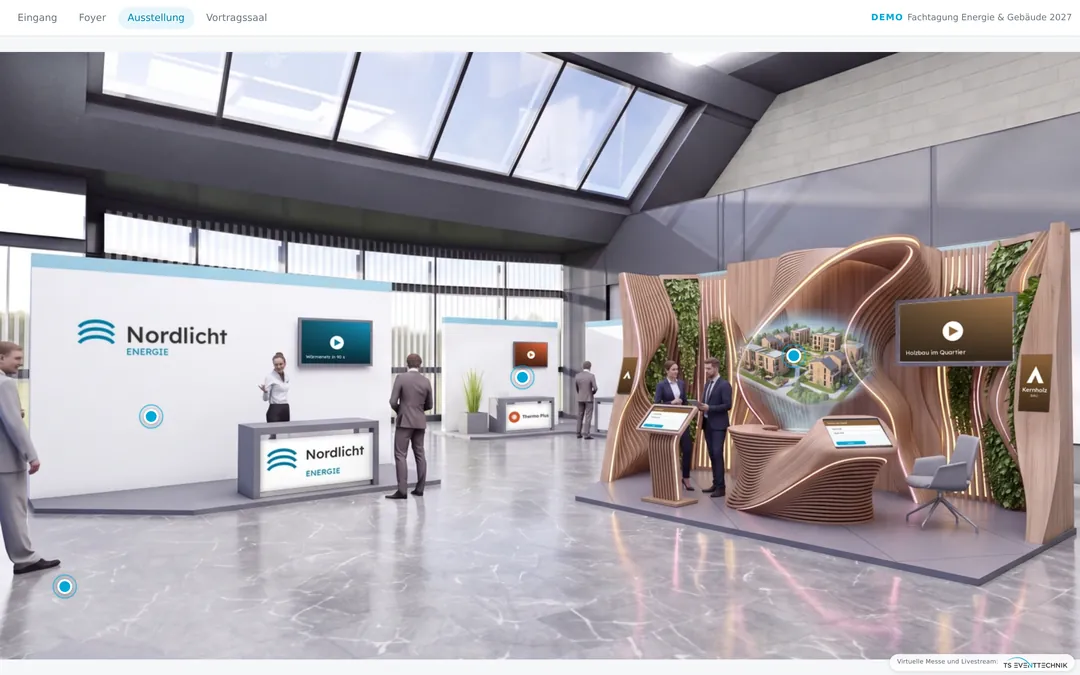 NextKon Expo: virtual exhibition with stands, navigation via entrance, foyer, exhibition and lecture hall, blue points to click